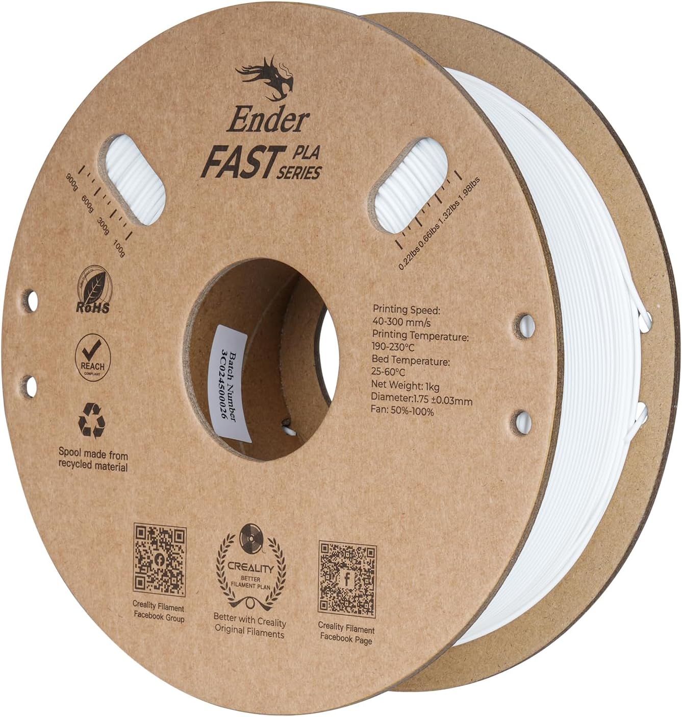 Creality Rapid PLA Filament 1.75mm, Smooth High-Speed Printing up to 300mm/s, No-Tangling, Precise +/- 0.02mm Accuracy, Fits Most 3D Printers(White)